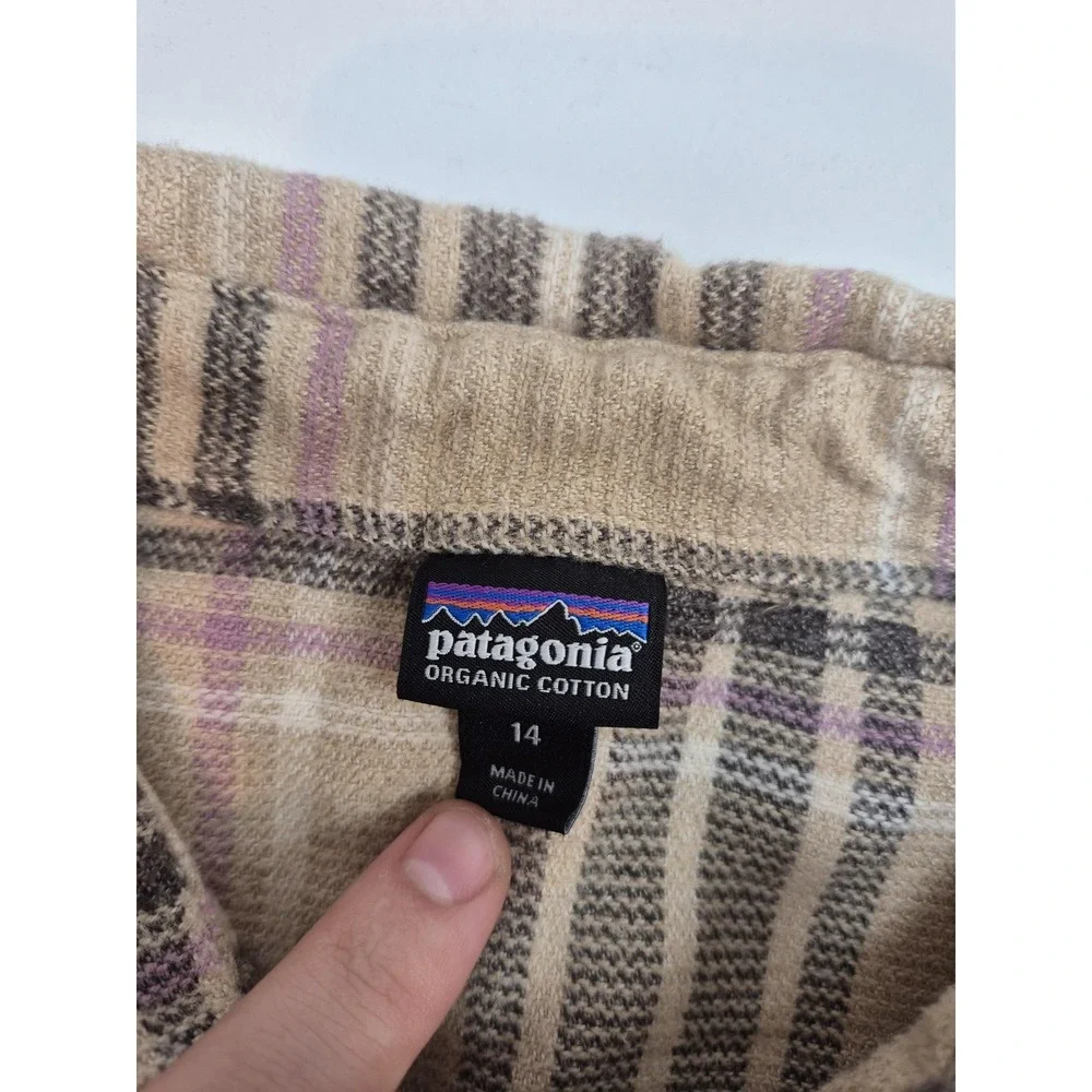 Patagonia Fjord Flannel Shirt Womens 14 Beige Organic Cotton Plaid Long Sleeve